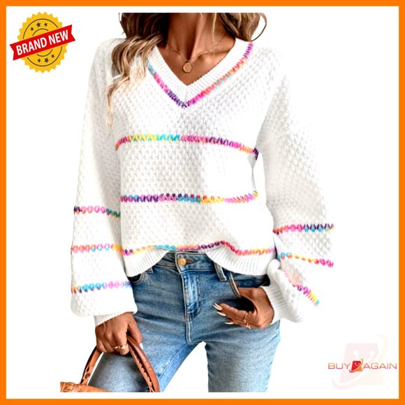 Oversized Striped V-Neck Pullover Sweater Y2K Chic Casual Long Sleeve